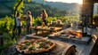 © Irina Ukrainets - Outdoor summer gathering with friends enjoying homemade pizza. casual dining in a rustic setting at sunset. lifestyle and cuisine concepts. AI
