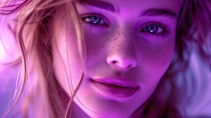 Sticker - Ocidental hyper realistic happy woman looking forward, focus on eyes, purple light details