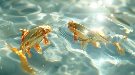 Wall Mural - Two golden fish on the sparkling white water. Beautiful curves, sunlight, light and shadow, natural light. Generated by artificial intelligence.