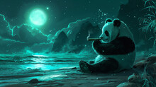 A Panda Enjoying A Cigar On A Moonlit Beach, Surrounded By Sparkling Waves, With The Wall Colored In Midnight Silver.