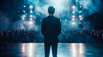 Businessman motivational speaker standing on stage in front of an audience for a speech at conference or business event. Talks about Success, Leadership, Technology, and How To Be Productive