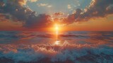 Fototapeta Na sufit - A sunset over the ocean with waves crashing on the shore and clouds over the ocean and beach