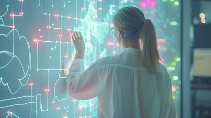 Aufkleber - Innovative technology at work: a woman interacts with a high-tech touchscreen interface, displaying futuristic graphics. modern digital interaction in a sleek corporate setting. AI