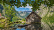 Obersee mit Bootshaus und Watzmannmassiv im Nationalpark Berchtesgaden