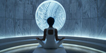 a modern meditation pod with walls that glow with calming patterns, synchronizing with the user's breathing.