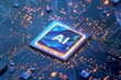 AI chip on illuminated circuit board, technology concept