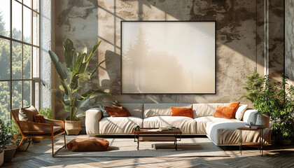 Poster - Loft room with big framed poster mockup on a wall and large floor-to-ceiling window.
