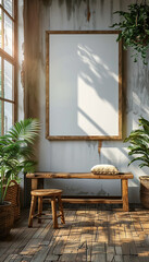 Poster - Stylish blank mockup in wooden frame hanging on the wall in the room with sunlight, flowers, and wooden bench.
