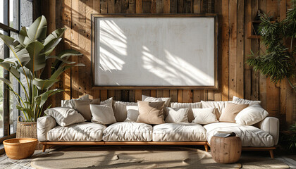 Poster - Wooden living room interior with white framed poster mockup and white sofa. Cozy beige interior with plant.