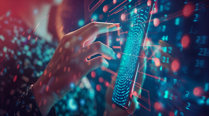 Poster - Biometric security network, privacy data protection. Woman fingerprint identification on mobile phone to access personal financial data, mobile banking app, cybersecurity technology