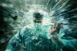 Close up of a surgeon in a zen like state amidst chaos