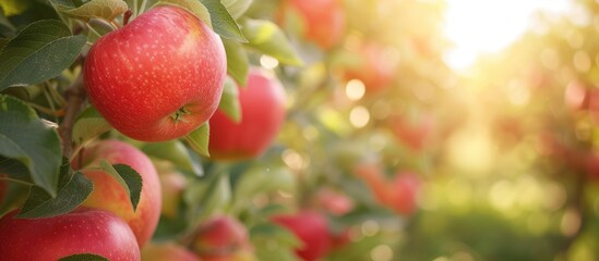 Wall Mural - Delicious fresh organic red apples growing on farm trees, ready for harvest in an agriculture orchard.