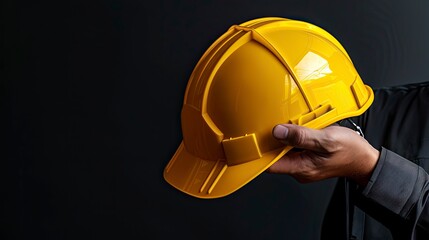 Wall Mural - Hand or arm of engineer hold yellow plastic helmet for worker. Labor day concept. copy space - generative ai