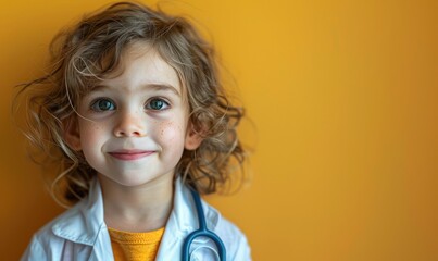 a cute child girl doctor is looking thoughtful