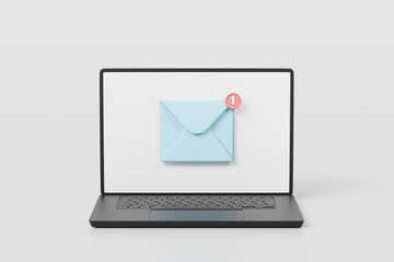 Fototapete - 3d Letter or Email envelop with notification unread messages reminder on laptop icon. letter notification. Online mail notification. laptop with envelope and notification badge. 3d render illustration