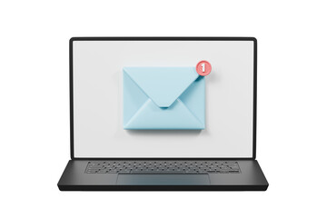 Fototapete - 3d Letter or Email envelop with notification unread messages reminder on laptop icon. letter notification. Online mail notification. laptop with envelope and notification badge. 3d render illustration