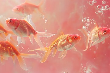 Poster - A cluster of goldfish is on a pink background. Generated by artificial intelligence.