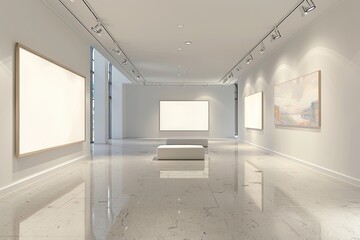Wall Mural - Empty gallery interior with blank exhibition banners mockup