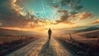 A silhouette of a person stands in the center of a dirt road that recedes towards the horizon under a dramatic sky illuminated by the warm colors of a setting or rising sun. To the person's left is a 