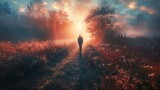 Fototapeta  - The image features a breathtaking scene of a person standing in the middle of a forested path, with the sun setting or rising directly in front of them, casting a warm and ethereal glow over the lands