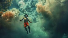 A person is peacefully floating underwater, backlit by the sunlight filtering through the surface. The water's surface has a dramatic mix of light and dark tones, creating an almost surreal, cloud-lik