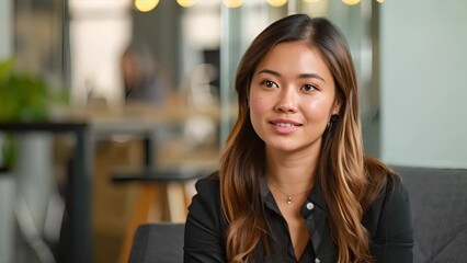 Wall Mural - A young Asian professional woman's face during a job interview at a tech company