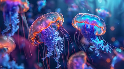 Wall Mural - A jellyfish swimming in the ocean, in the style of glowing colors. Generated by artificial intelligence.