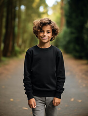 Wall Mural - Sweatshirt Mockup, a young boy guy kid smiling and wearing a blank black gildan crewneck standing outside in nature spring 