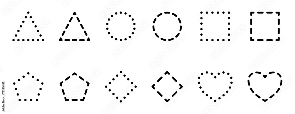 Collection of basic geometric figures formed by dots and dashed lines ...