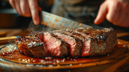 Wall Mural - Chef slicing grilled steak on a board