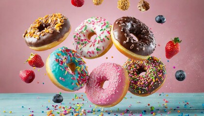 Wall Mural - Various decorated donuts in motion falling on pink background. Sweet and colorful donuts fall or fly in motion.