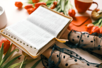 Wall Mural - Open bible close-up in hands