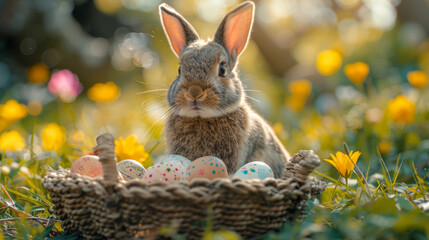 Living Easter bunny with eggs in a basket on a meadow in spring.