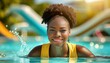 Portrait of happy black woman in waterpark swimming pool
