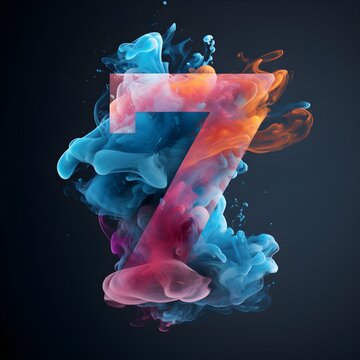 3D glowing burning number 7 of smoke or cloud. Symbol 7 Abstract neon numbers. Isolated colorful blue red white numbers on black background, hot and cold contrast 