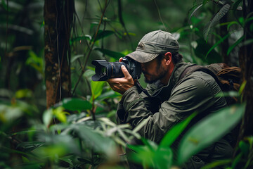 Expert wildlife photographer with camera, capturing the untamed, lush forest green background 