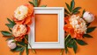 White frame with orange peony flowers on a orange background, top view, copy space, flat lay, mockup
