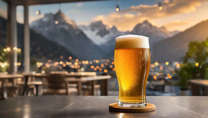 empty table with a glass of cold beer with an out of focus background of the exterior of a blurry luxury restaurant.night light, space for text
