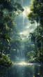 Vibrant jungle surrounded by towering trees and lush foliage on a rainy day. Concept of the depth of the greenery, and the refreshing essence of a rainy day in wilderness