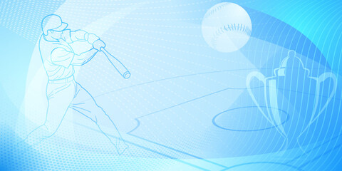 Wall Mural - Baseball themed background in blue tones with abstract dotted lines, dots and curves, with silhouettes of a baseball field, cup, ball and batsman