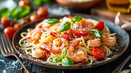 Wall Mural - delicious spaghetti with shrimps, tomatoes, basil and cheese - italian food style