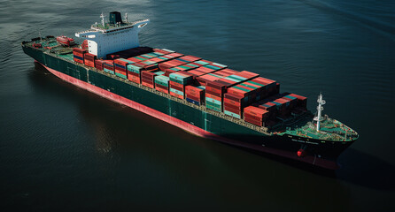 Wall Mural - A container ship laden with a colorful array of shipping containers traveling through calm sea waters.
