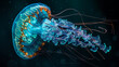 A bioluminescent jellyfish on a dark natural background.