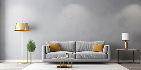 Stylish, mid-century modern living room adorned with gray velvet couch and golden lamp.