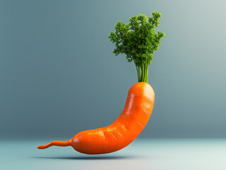 Wall Mural - Fresh orange carrot with green sprout on blue background, vibrant and organic vegetable growth concept