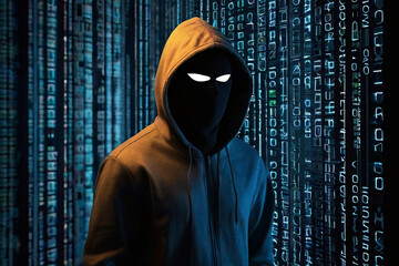 Cybercriminal disguised amidst digitally enhanced backdrop, hacking in secrecy. Conceptual image of cybersecurity threats, digital espionage, hidden identities.