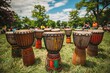 © pisan - African Djembe Drums Lined up on Grass in Outdoor Park with Participants in Background Preparing for Drum Circle