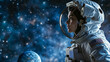 A focused female astronaut contemplates the vastness of the cosmos, encapsulated in her space suit against a starry backdrop.
