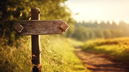 An empty wooden signpost bathed in the warm golden light of sunrise, at the start of a peaceful country trail.
