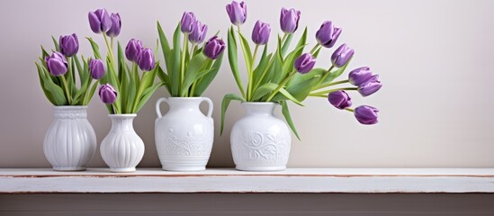 Wall Mural - Purple Tulips in White Vase on Wooden Shelf